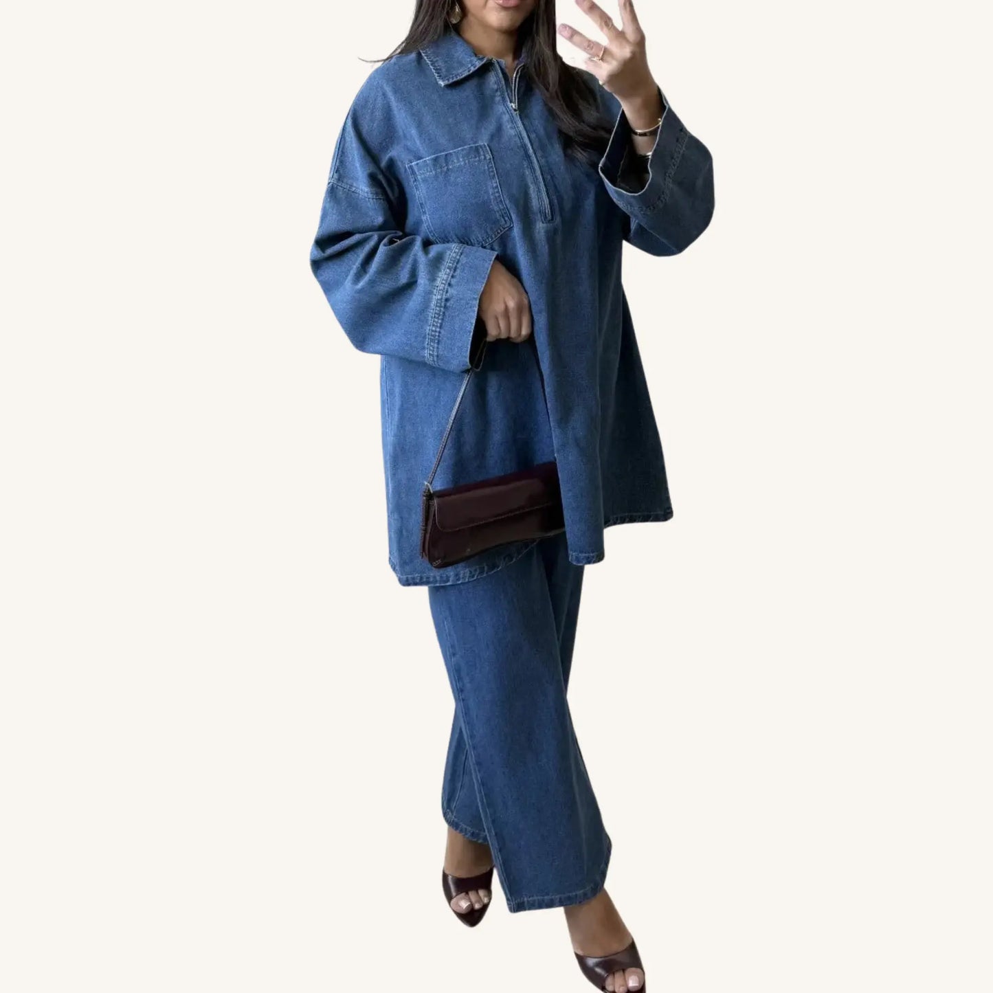 Ensemble jean pantalon col ouvert — Haut ample & pantalon coordonné | AMEENA