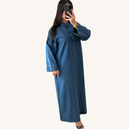 Abaya jean col asiatique — 100% coton denim | AMEENA