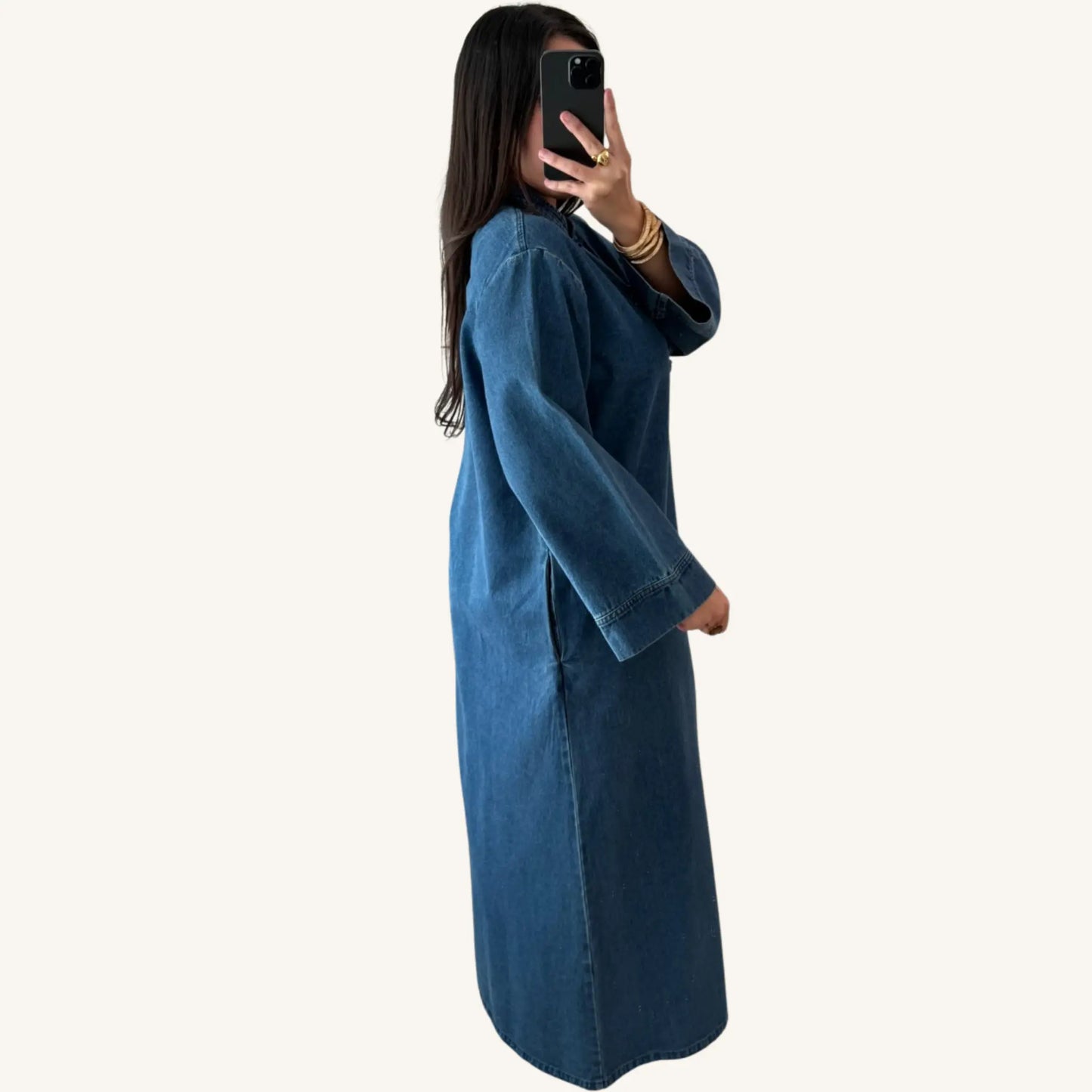 Abaya jean col asiatique — 100% coton denim | AMEENA