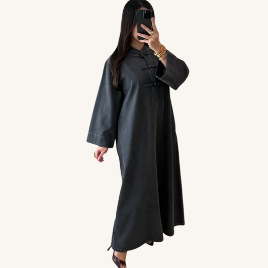 Abaya jean col asiatique — 100% coton denim | AMEENA