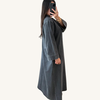 Abaya jean col asiatique — 100% coton denim | AMEENA