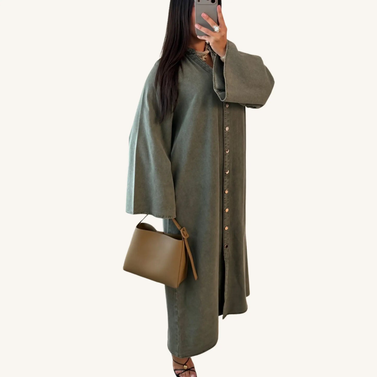 Abaya jean boutonnée manches évasées — 100% coton denim | AMEENA