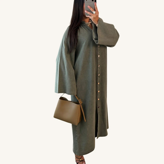 Abaya jean boutonnée manches évasées — 100% coton denim | AMEENA