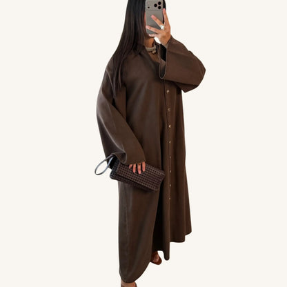 Abaya jean boutonnée manches évasées — 100% coton denim | AMEENA