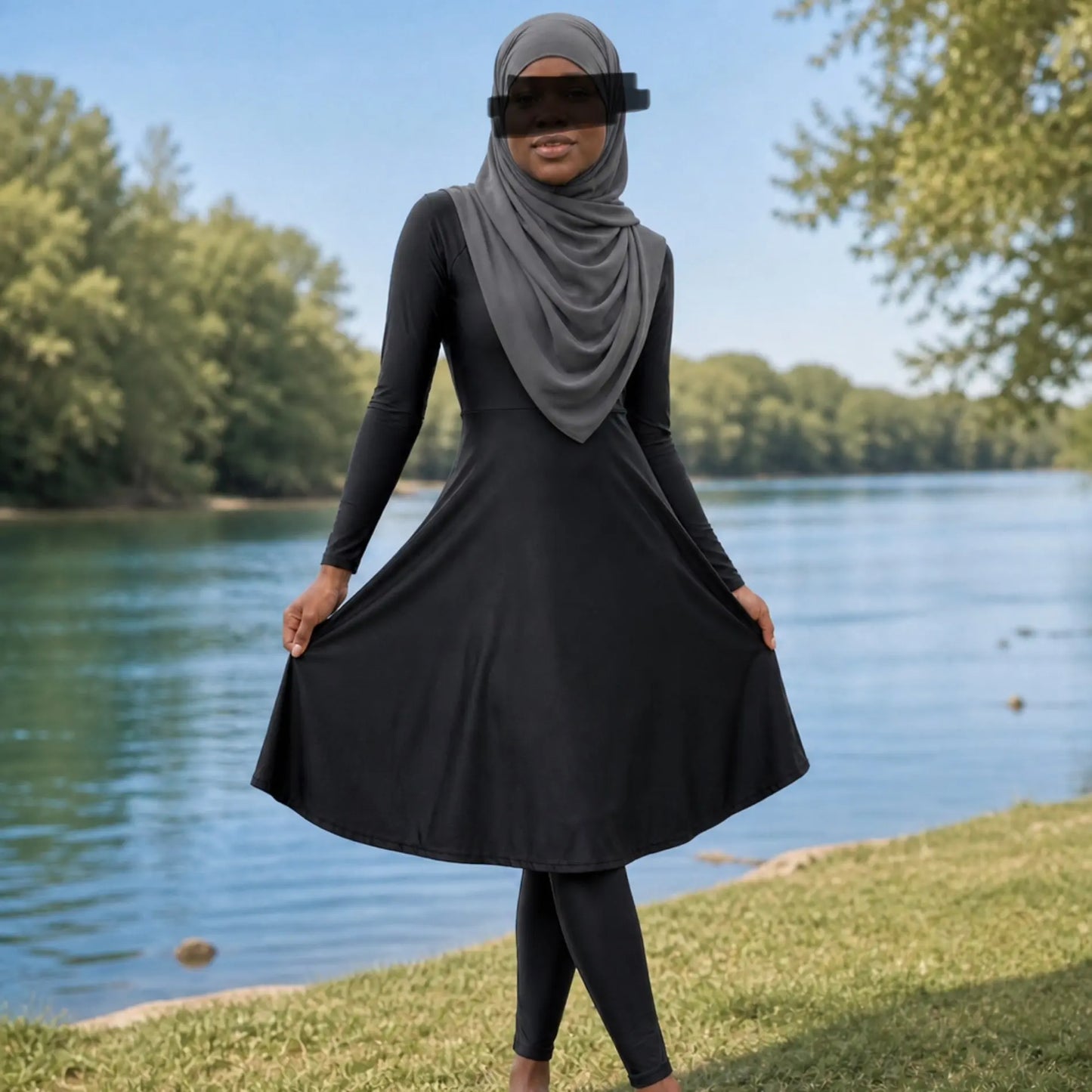 Burkini long noir couvrant – Maillot de bain pudique manches longues AMEENA