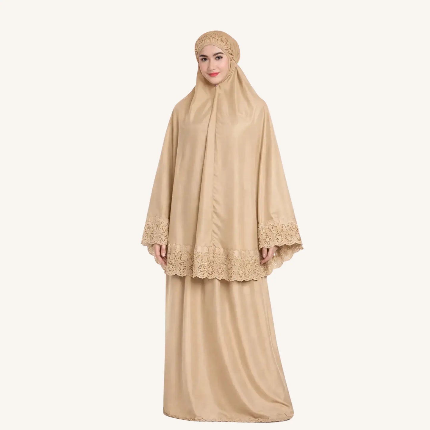 Telekung Sakina ensemble prière malaisien brodé blanc — AMEENA boutique islamique française
