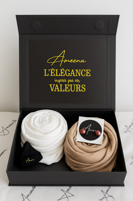 Hijab Box Élégance – 2 foulards en soie de Médine + bandeau chic