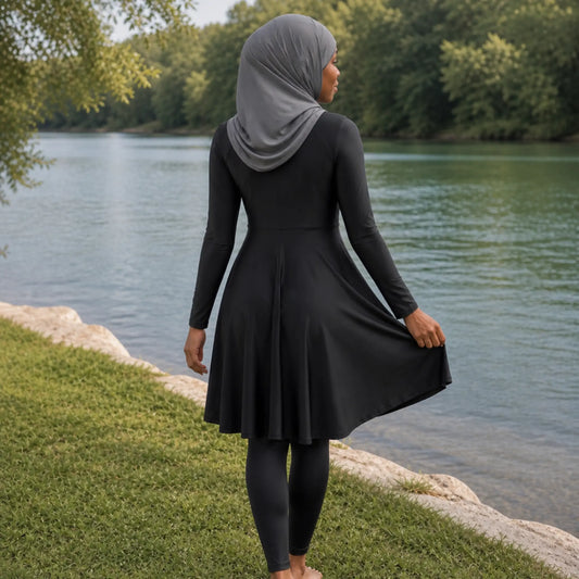 Burkini long noir couvrant – Maillot de bain pudique manches longues AMEENA